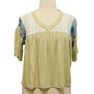 POL NEW Olive Crochet-Yoke Blouse with Floral Sleeve Detail sz L